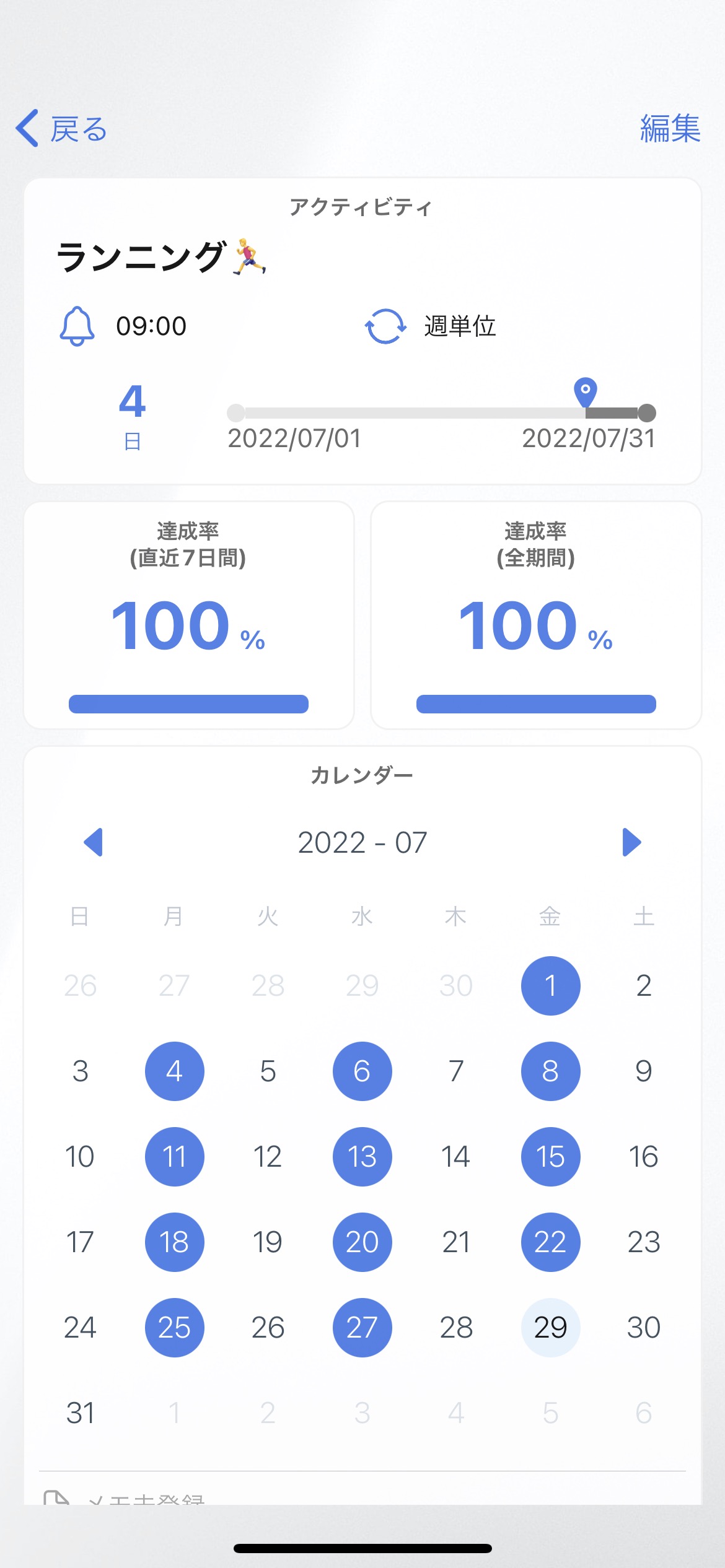 Tainのスクリーンショット：達成率とカレンダーが表示されるアクティビティ詳細